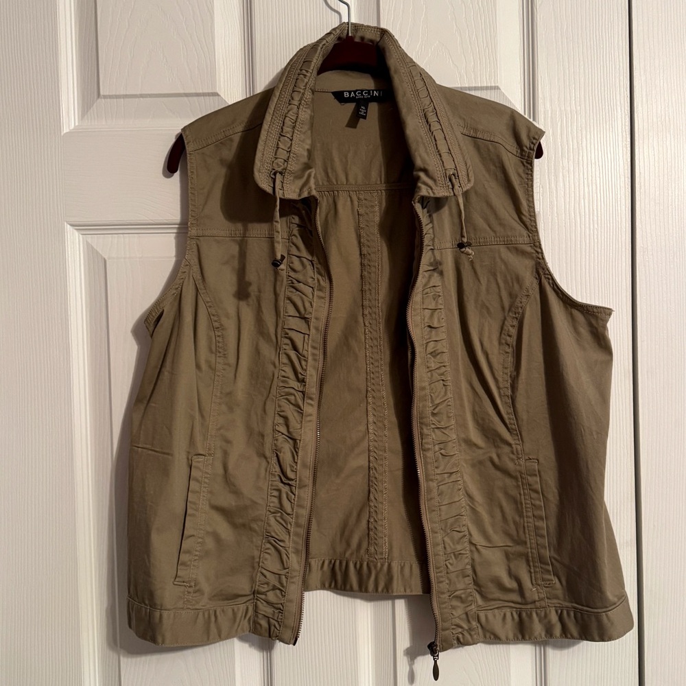 Dark Khaki Green XL Sleeveless Vest  Drawstring Pockets 98% Cotton 2% Spandex